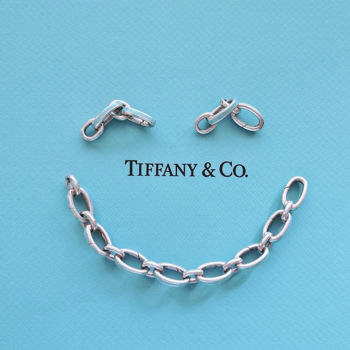 RARE Tiffany & Co Blue Enamel Clasping Oval Link Bracelet Sterling Silver 7.5"