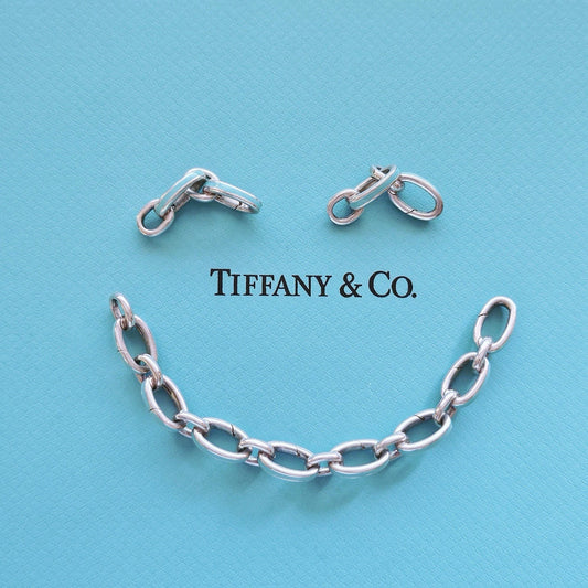 RARE Tiffany & Co Blue Enamel Clasping Oval Link Bracelet Sterling Silver 7.5"