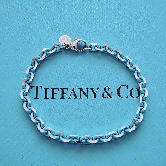 RARE Tiffany & Co. Sparkle Blue Enamel Link Chain Sterling Silver Bracelet 7.25”