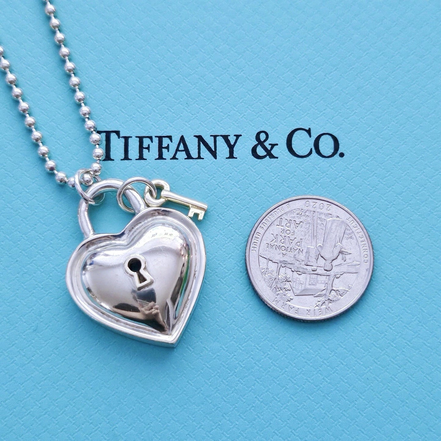 Vintage Tiffany & Co. Large Heart Padlock & Key 18k Silver Pendant Necklace 34”