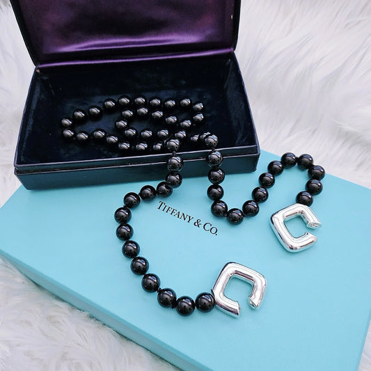 Vintage 1986 Tiffany & Co Paloma Picasso Silver Square Toggle Onyx Bead Necklace