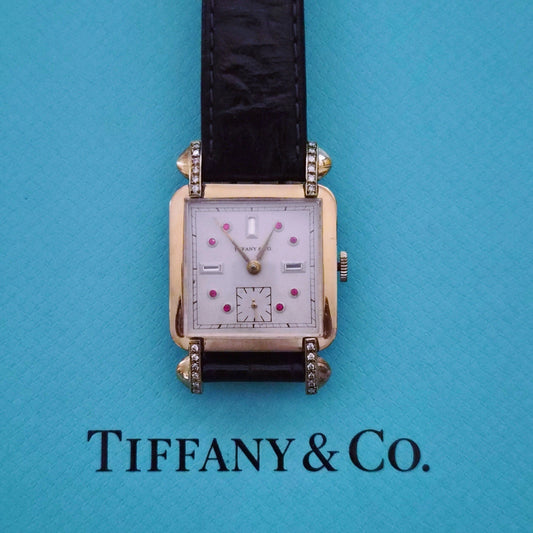 Vintage Tiffany & Co. Square Watch Ruby Diamond Dial Manual Winding Circa 1950