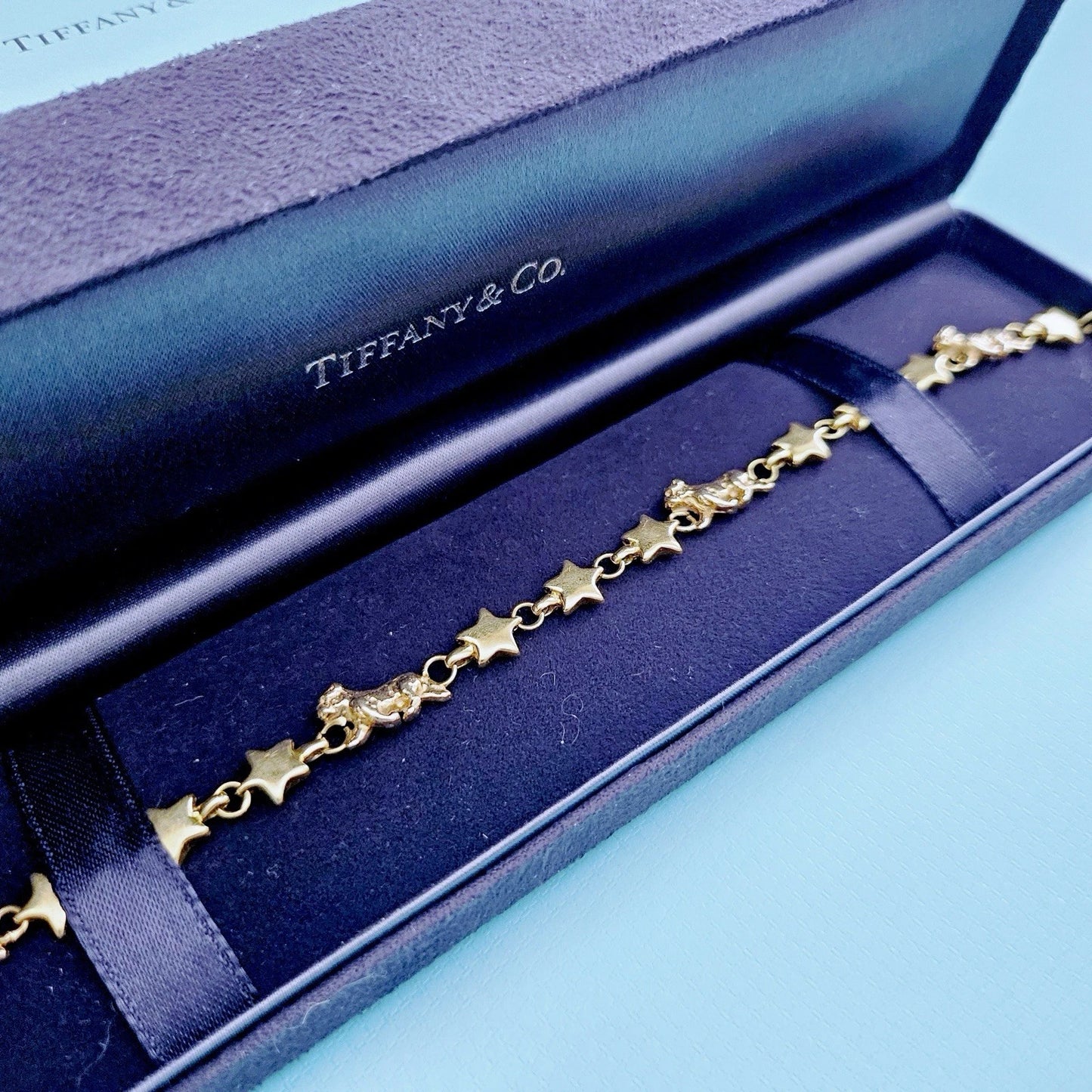 OOAK Vintage Tiffany & Co. Chain Of Star Bulldog Puffed Link 18k Yellow Gold Bracelet