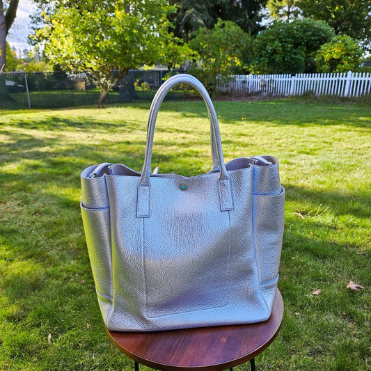 RARE Retired Tiffany & Co. Riley Pebbled Metallic Silver Leather Large Tote Bag