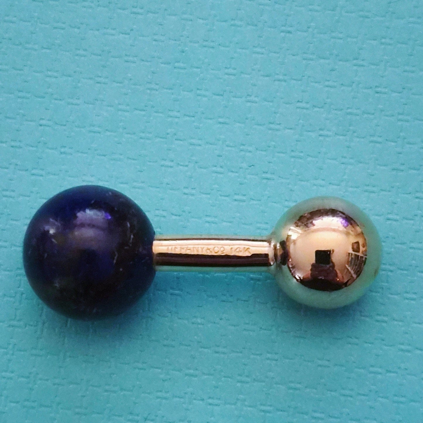 RARE Vintage Tiffany & Co 14k Yellow Gold Barbell Cufflinks with Lapis Lazuli