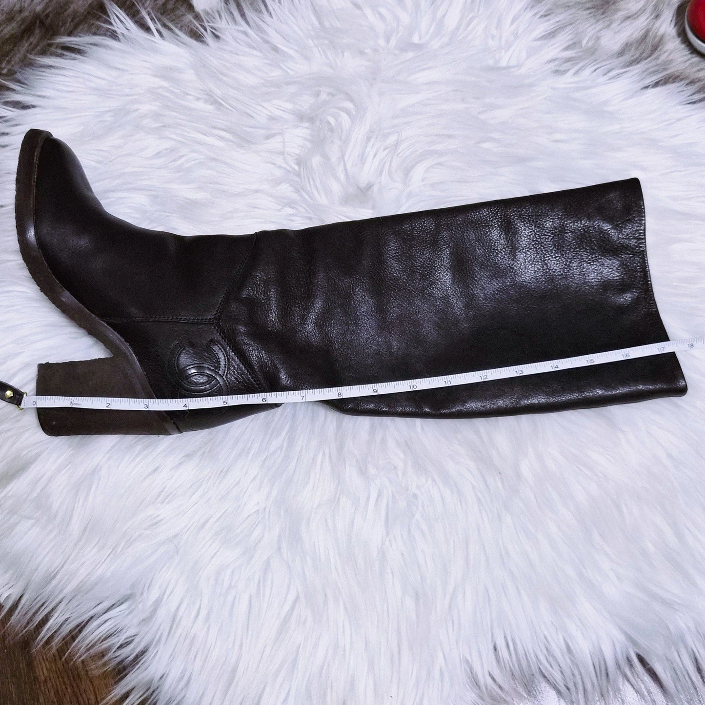 CHANEL Black Leather Knee High Boots Single CC Logo Size 35.5 Made in Italy