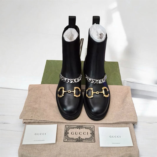 Gucci Black Leather Chain Horsebit Calf Ankle Boots Chunk Heel Chelsea 35 US 5