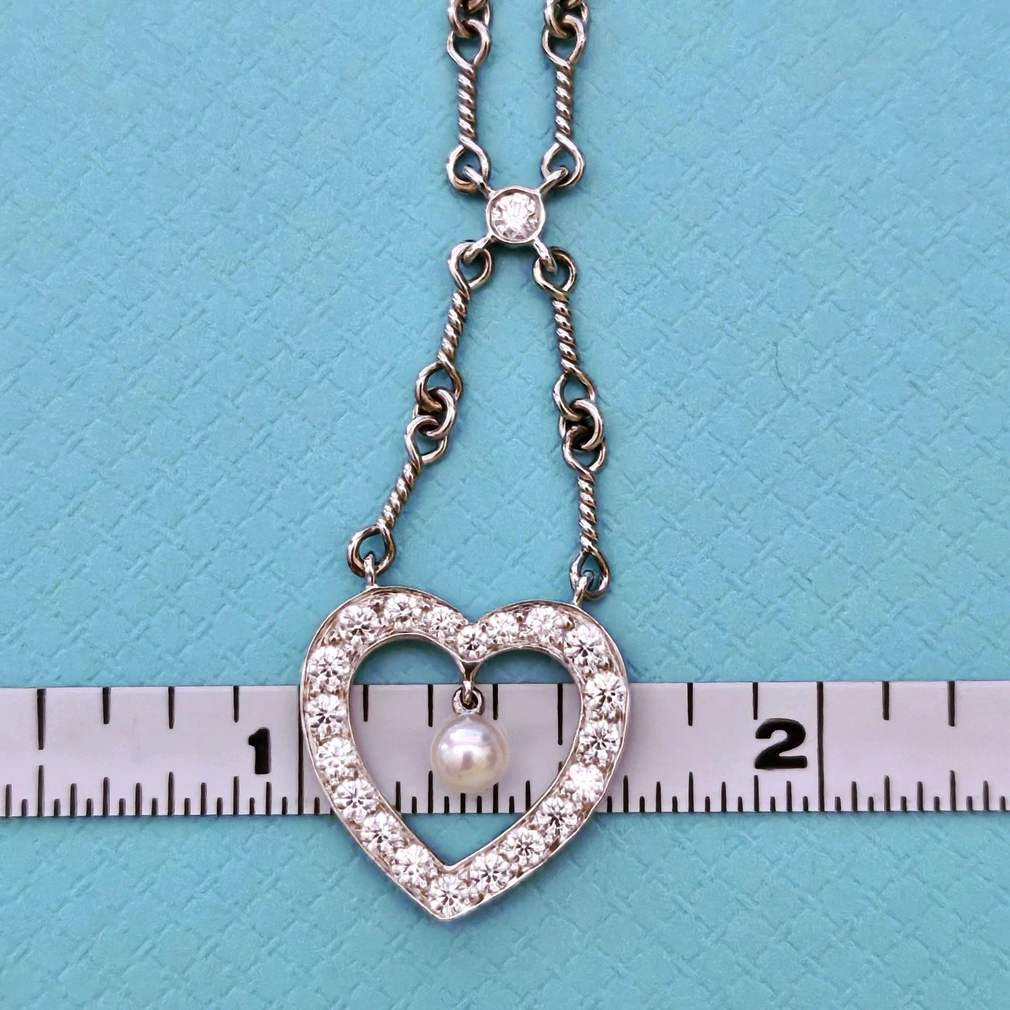 Tiffany & Co. Diamond Heart Pearl Drop Pendant Twisted Wire Chain PT950 Necklace