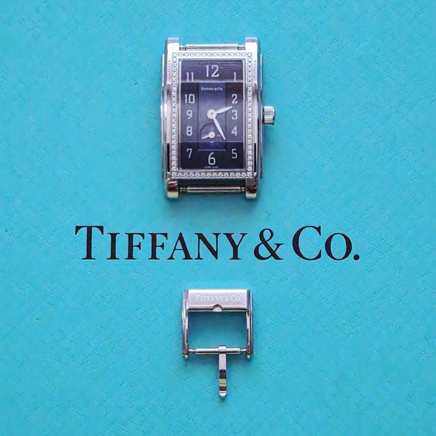Tiffany & Co. Blue Dial Diamond Bezel Rectangular Quartz Movement w Buckle
