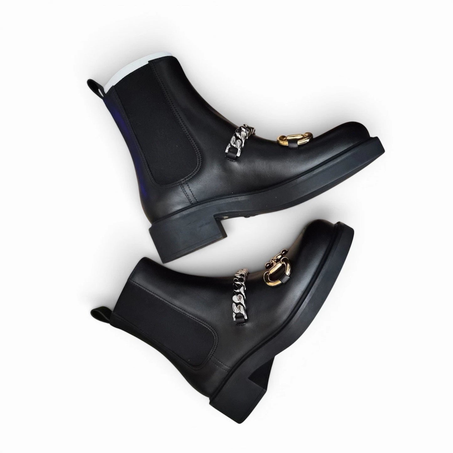 Gucci Black Leather Chain Horsebit Calf Ankle Boots Chunk Heel Chelsea 35 US 5