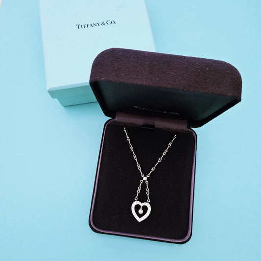 Tiffany & Co. Diamond Heart Pearl Drop Pendant Twisted Wire Chain PT950 Necklace