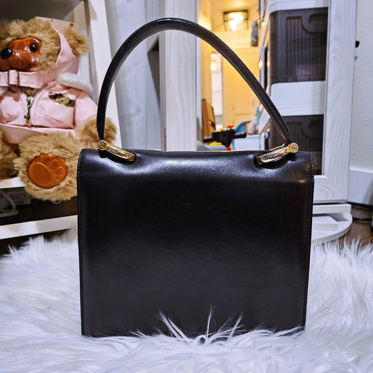 Vintage CELINE Black Leather And Gold Tone Circa 1990 Top Handle Handbag