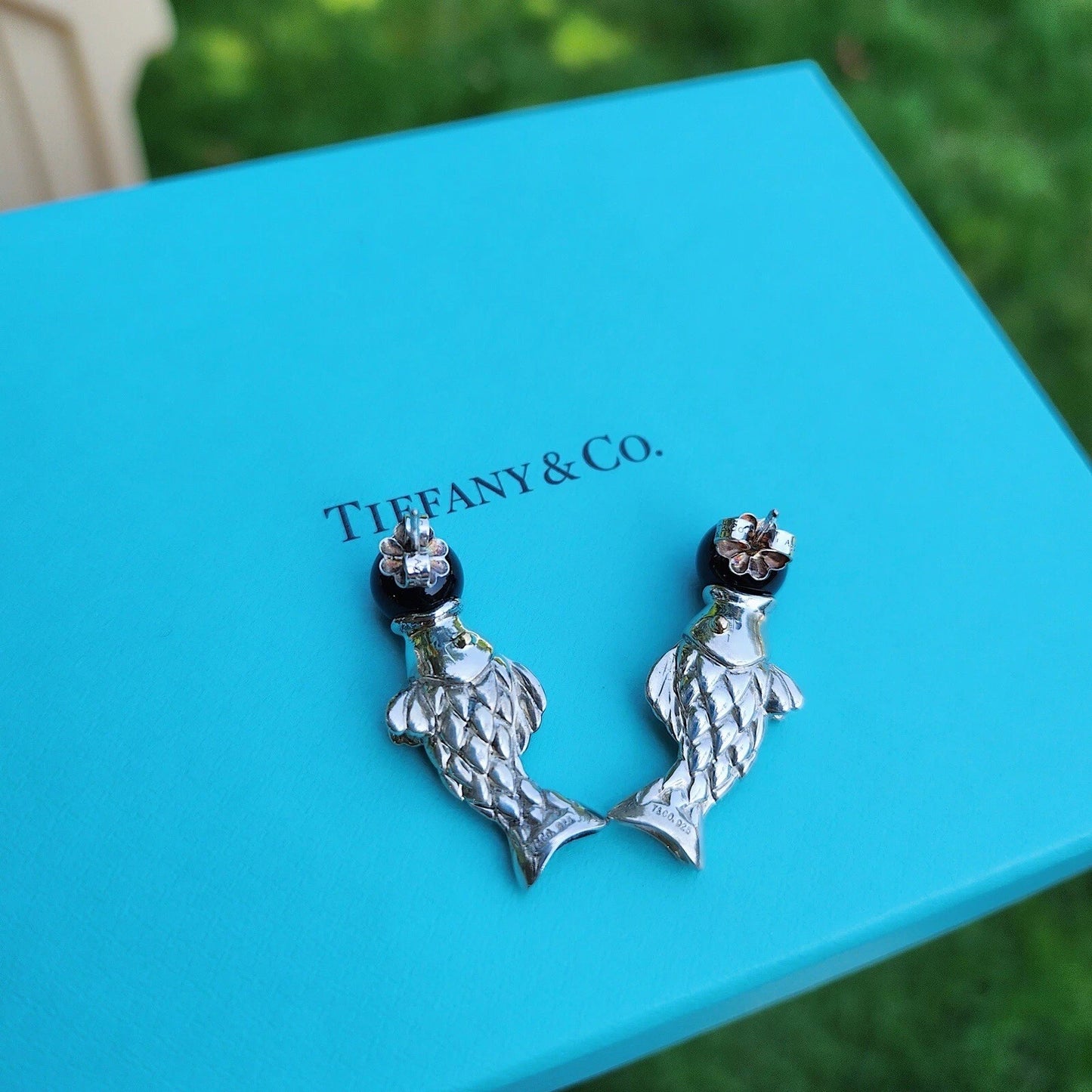 RARE Vintage Tiffany & Co. Two-Tone 18k Gold Silver Onyx Koi Fish Earrings