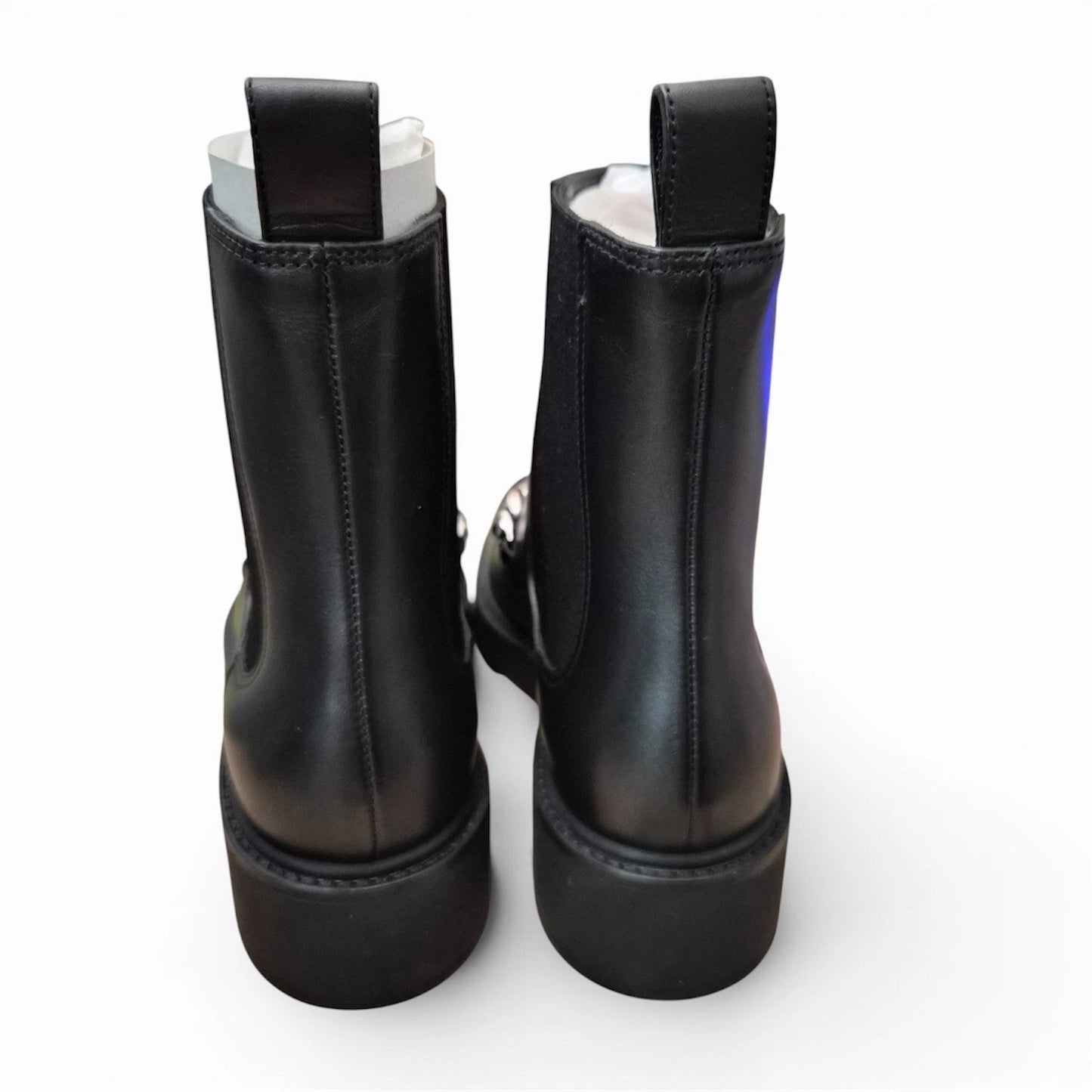 Gucci Black Leather Chain Horsebit Calf Ankle Boots Chunk Heel Chelsea 35 US 5