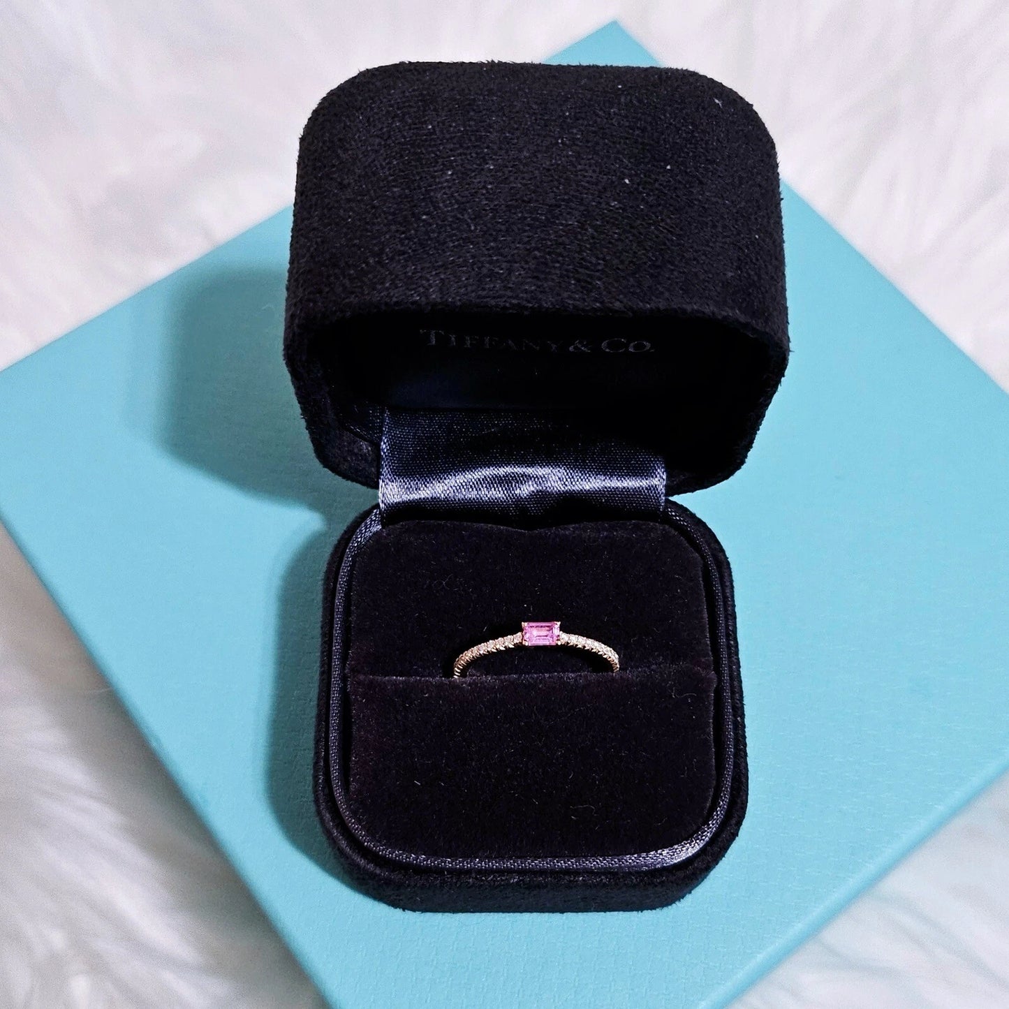 RARE Tiffany & Co. 18k Rose Gold Baguette Pink Sapphire Diamond Metro Novo Ring