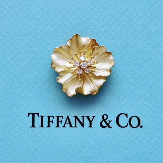 RARE Tiffany & Co. 18K Yellow Gold Diamond Dogwood Flower Brooch Pendant .35 TCW