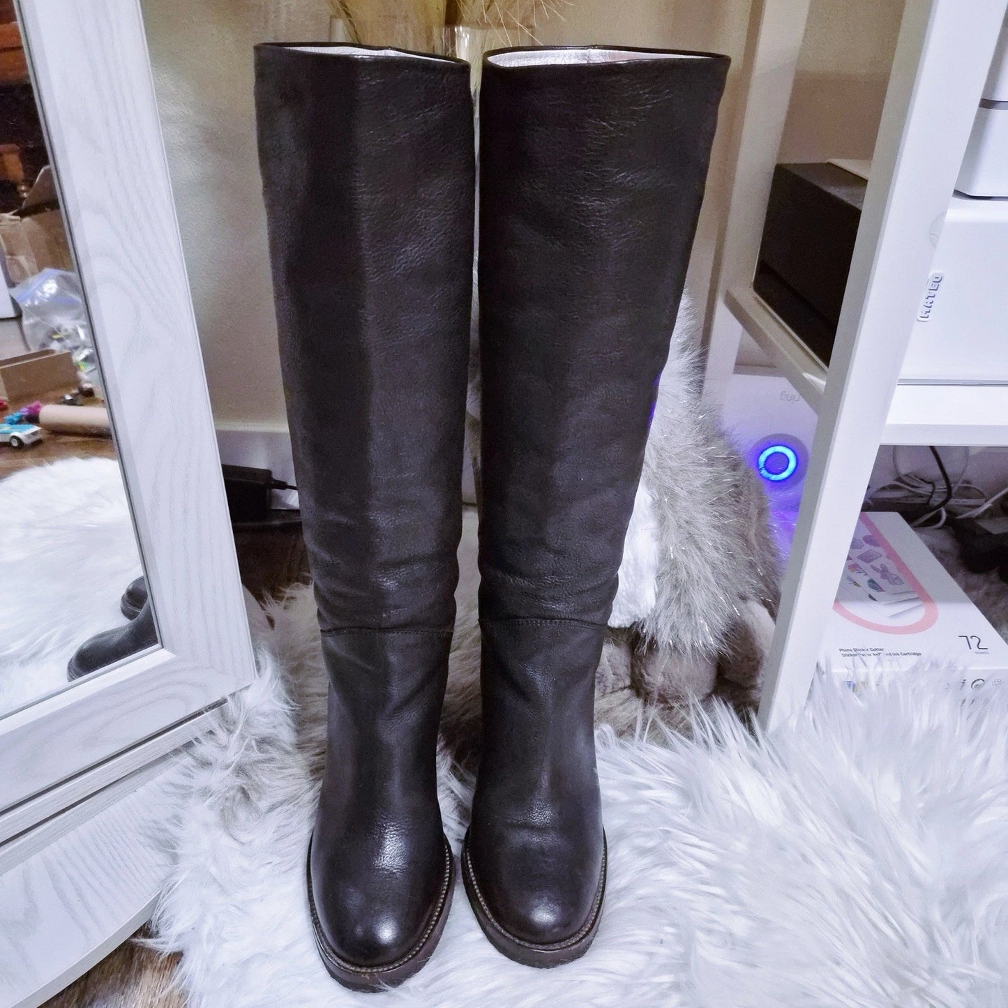 CHANEL Black Leather Knee High Boots Single CC Logo Size 35.5 Made in Italy