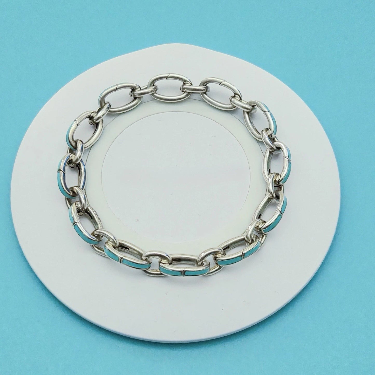 RARE Tiffany & Co Blue Enamel Clasping Oval Link Bracelet Sterling Silver 7.5"