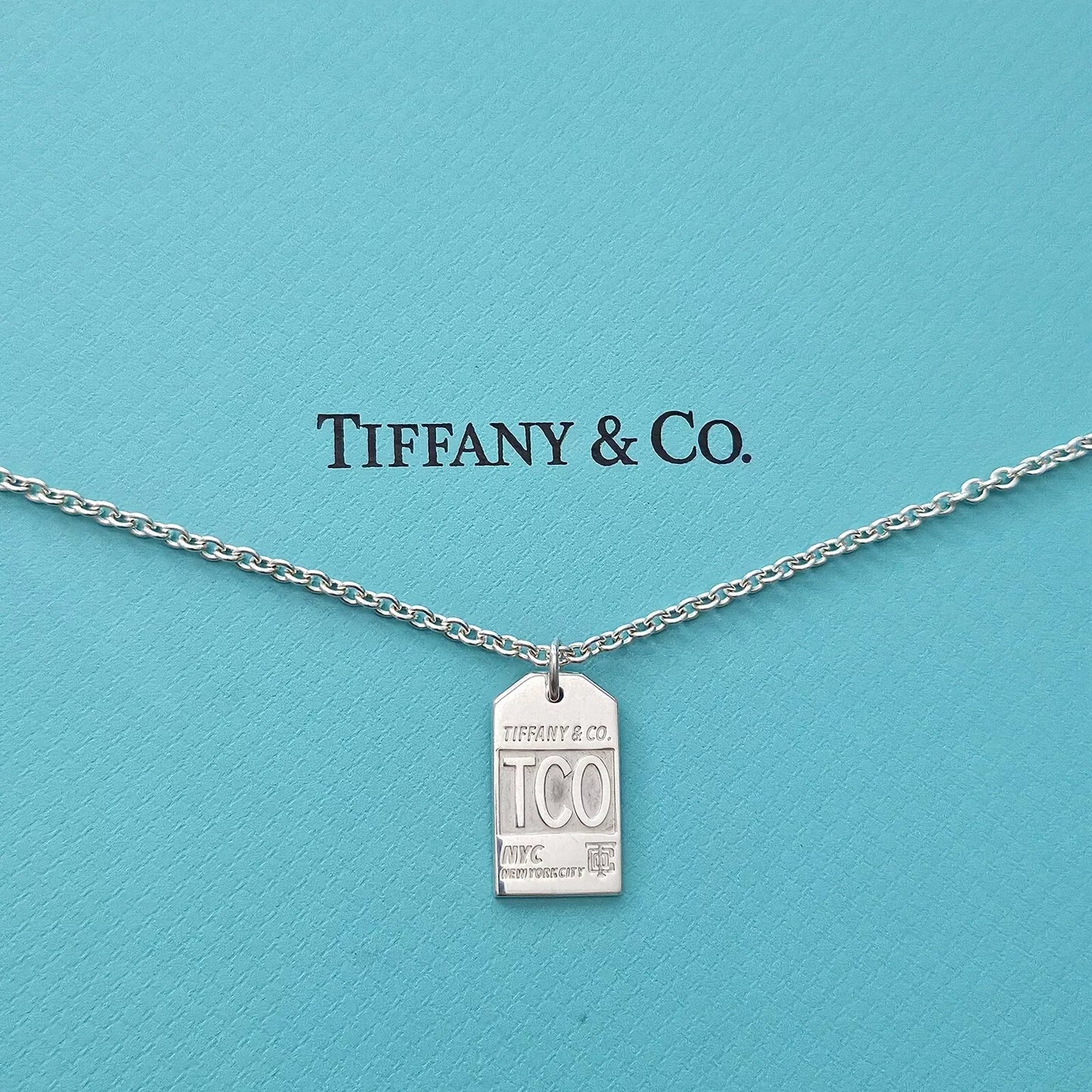 RARE Vintage Tiffany & Co. New York City NYC T.Co Rectangle Tag Charm Necklace