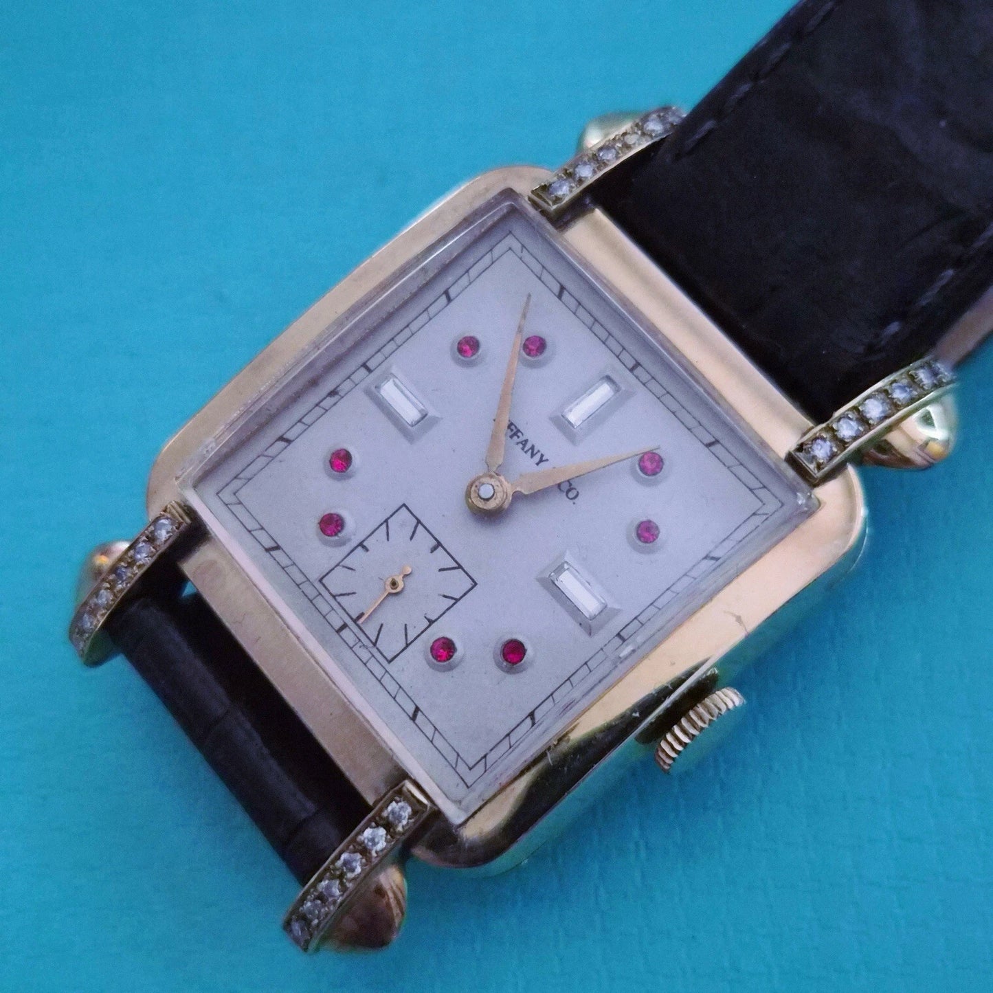 Vintage Tiffany & Co. Square Watch Ruby Diamond Dial Manual Winding Circa 1950