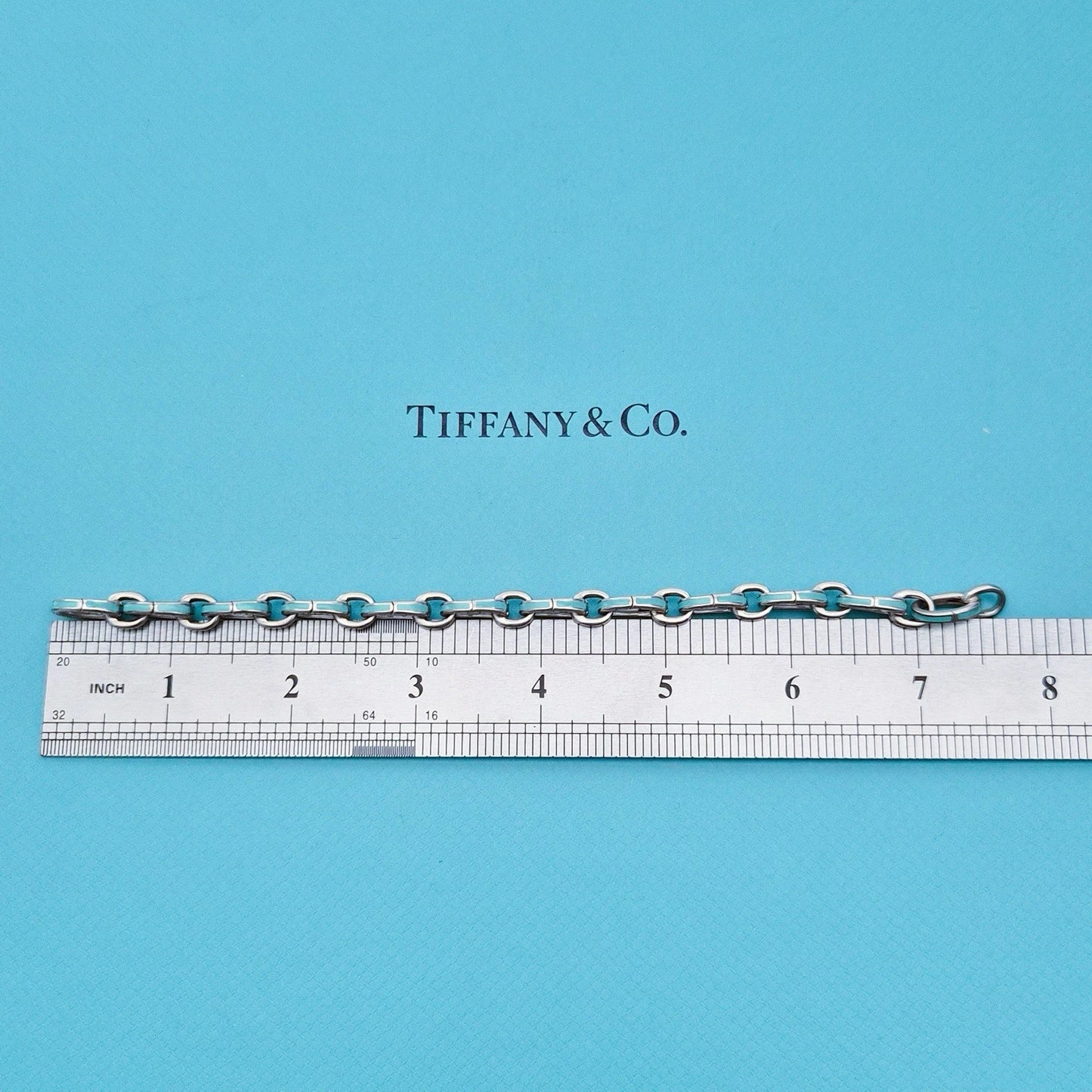 RARE Tiffany & Co Blue Enamel Clasping Oval Link Bracelet Sterling Silver 7.5"