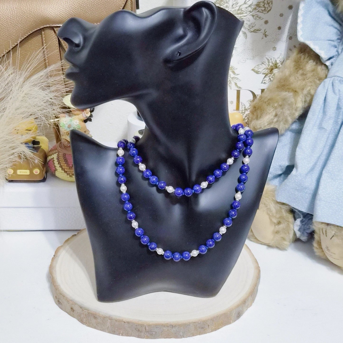 RARE Vintage Tiffany & Co. 14k YG Lapis Lazuli Bead Necklace Pearl Accents 29in