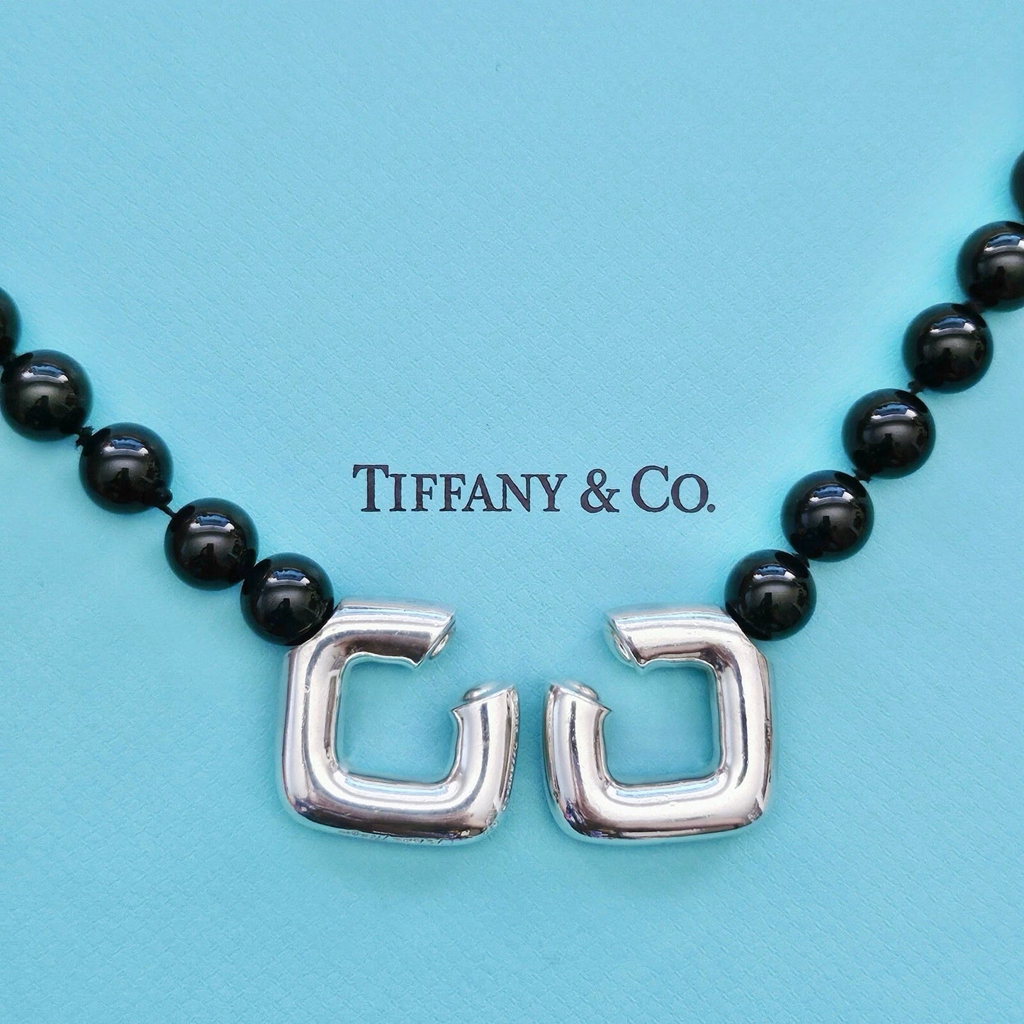 Vintage 1986 Tiffany & Co Paloma Picasso Silver Square Toggle Onyx Bead Necklace