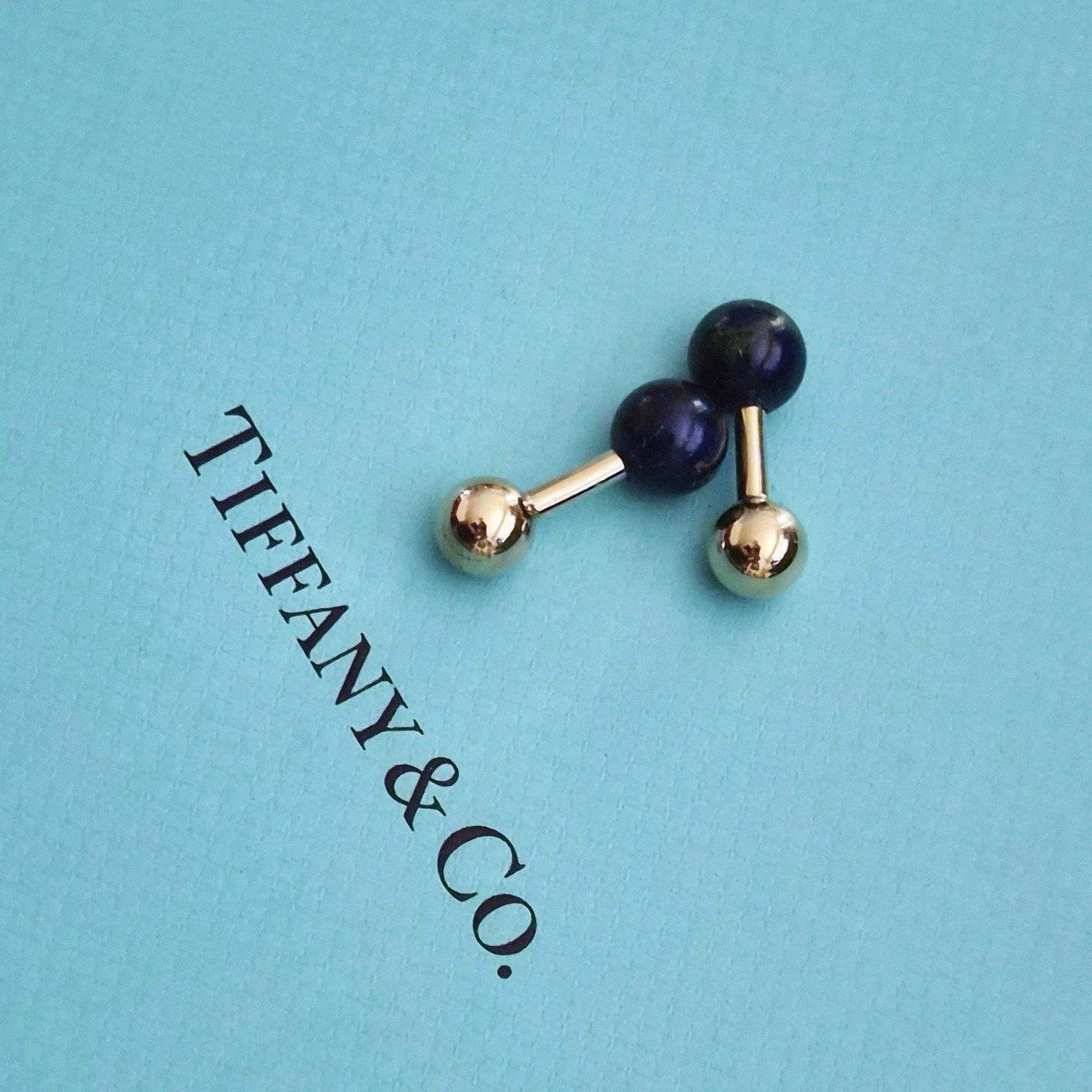 RARE Vintage Tiffany & Co 14k Yellow Gold Barbell Cufflinks with Lapis Lazuli