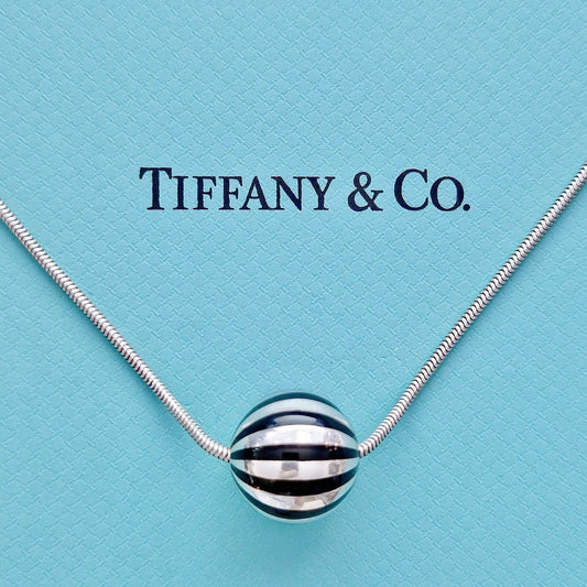 RARE Vintage Tiffany & Co. Black Enamel Sterling Silver Stripe Ball Necklace