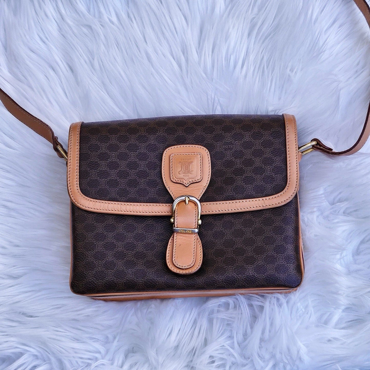 Vintage Celine Macadam Triomphe Pattern Logo Leather Coated Canvas Crossbody Bag
