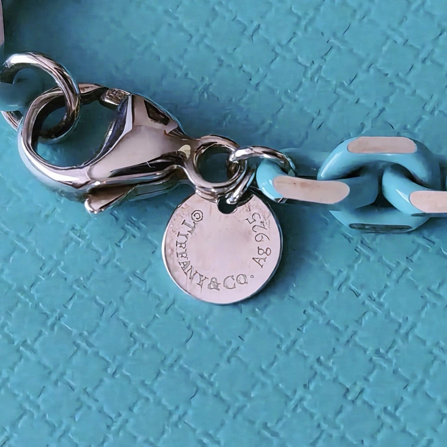 RARE Tiffany & Co. Sparkle Blue Enamel Link Chain Sterling Silver Bracelet 7.25”