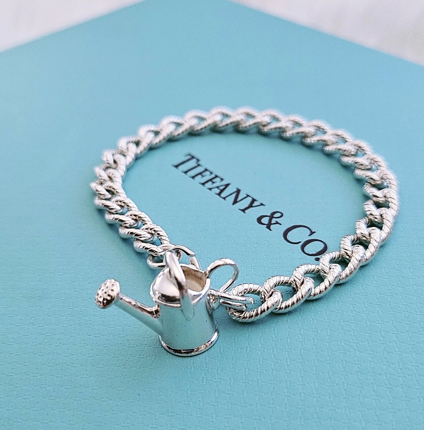 RARE Tiffany & Co Sterling Silver Watering Can Charm Twisted Rope Chain Bracelet