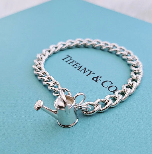 RARE Tiffany & Co Sterling Silver Watering Can Charm Twisted Rope Chain Bracelet