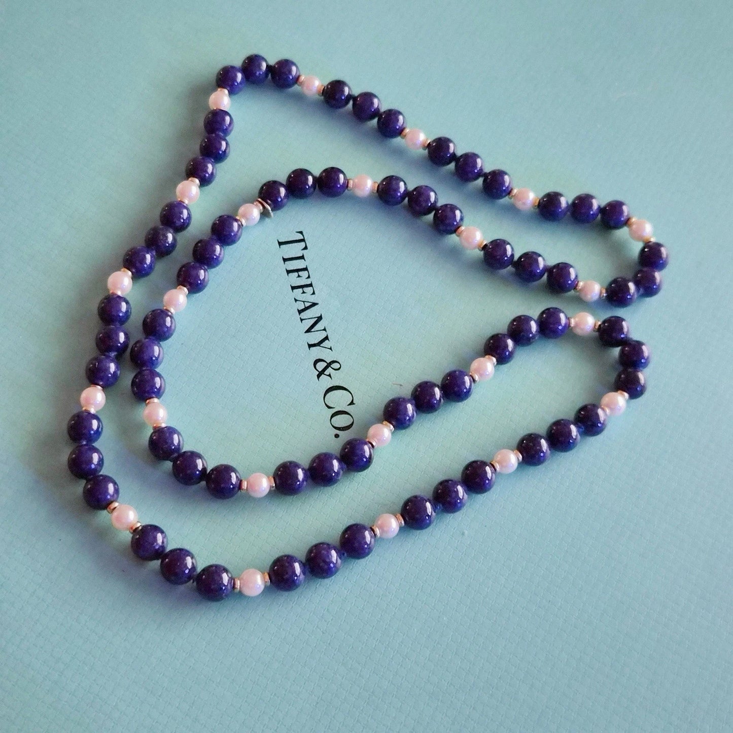 RARE Vintage Tiffany & Co. 14k YG Lapis Lazuli Bead Necklace Pearl Accents 29in