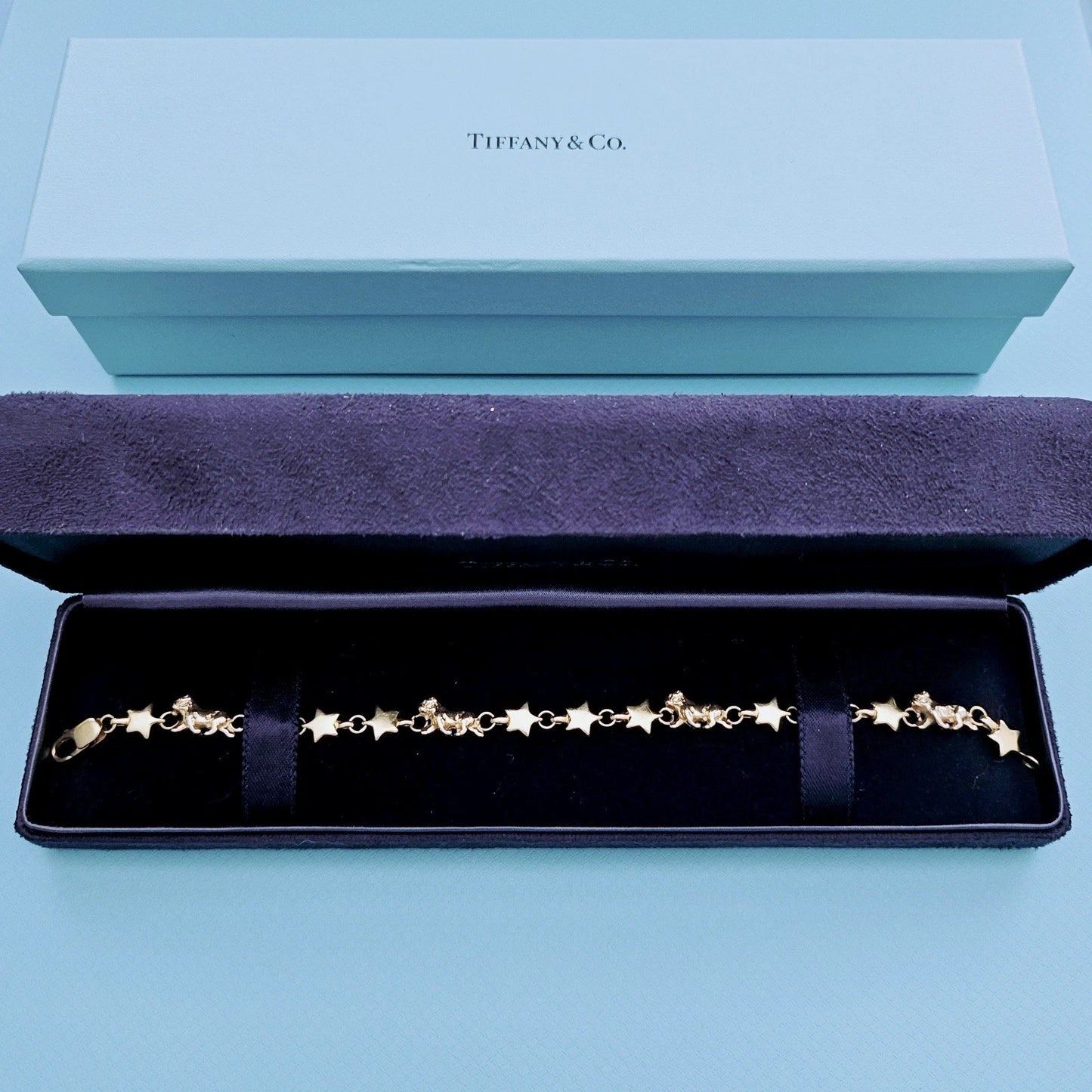 OOAK Vintage Tiffany & Co. Chain Of Star Bulldog Puffed Link 18k Yellow Gold Bracelet