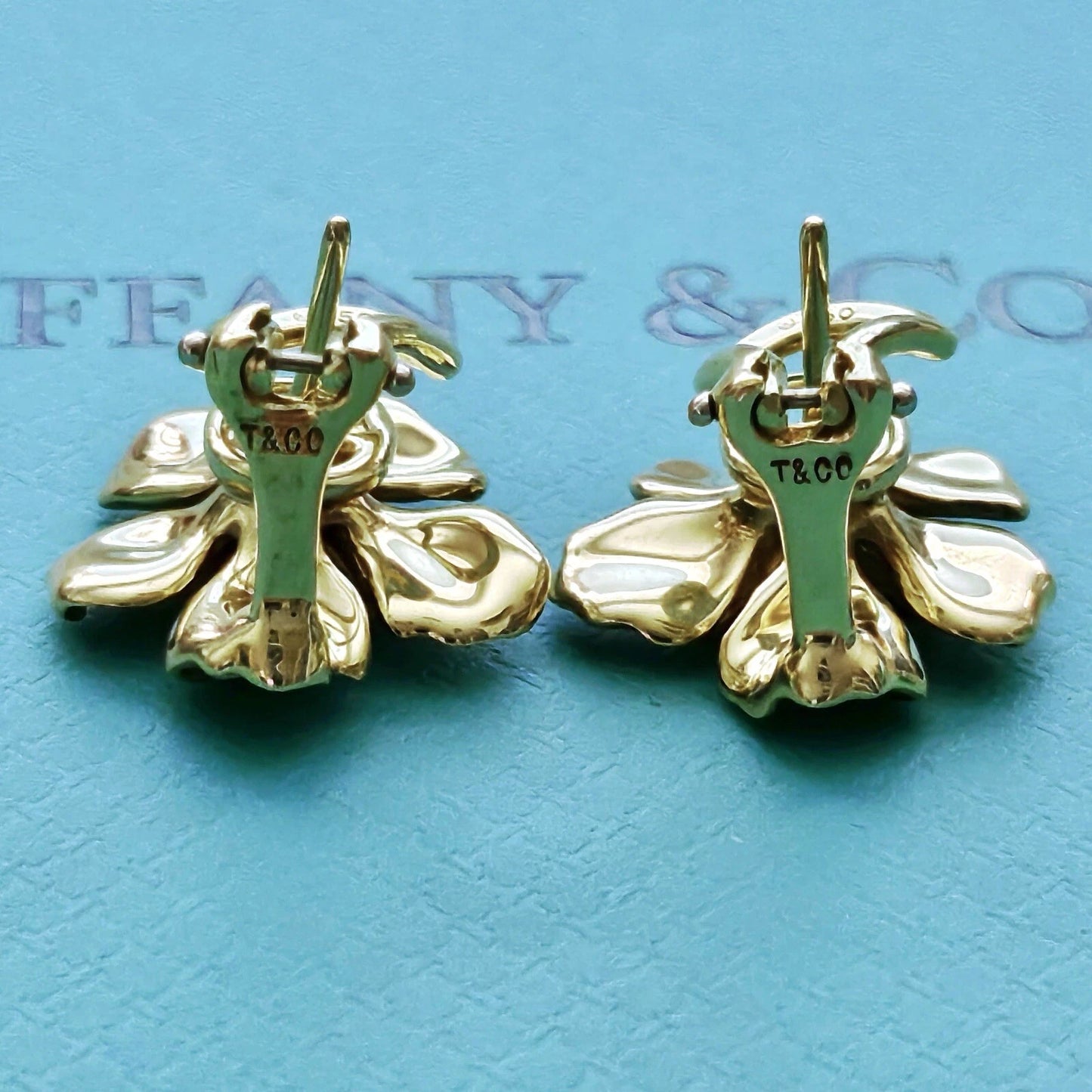 RARE Vintage Tiffany & Co. 18k Yellow Gold Wild Rose Dogwood Flower Earrings