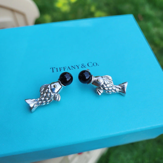 RARE Vintage Tiffany & Co. Two-Tone 18k Gold Silver Onyx Koi Fish Earrings
