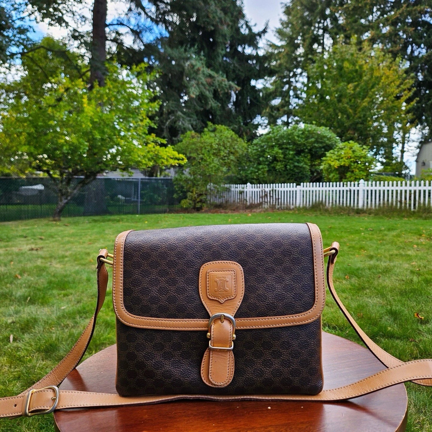 Vintage Celine Macadam Triomphe Pattern Logo Leather Coated Canvas Crossbody Bag