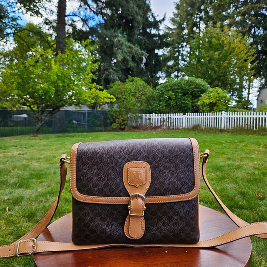 Vintage Celine Macadam Triomphe Pattern Logo Leather Coated Canvas Crossbody Bag