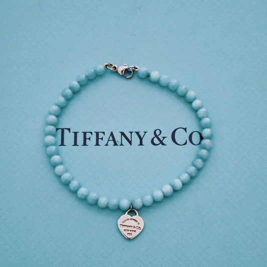 Tiffany & Co. Please RTT Tiffany Heart Tag Silver Amazonite 4mm Bead Bracelet