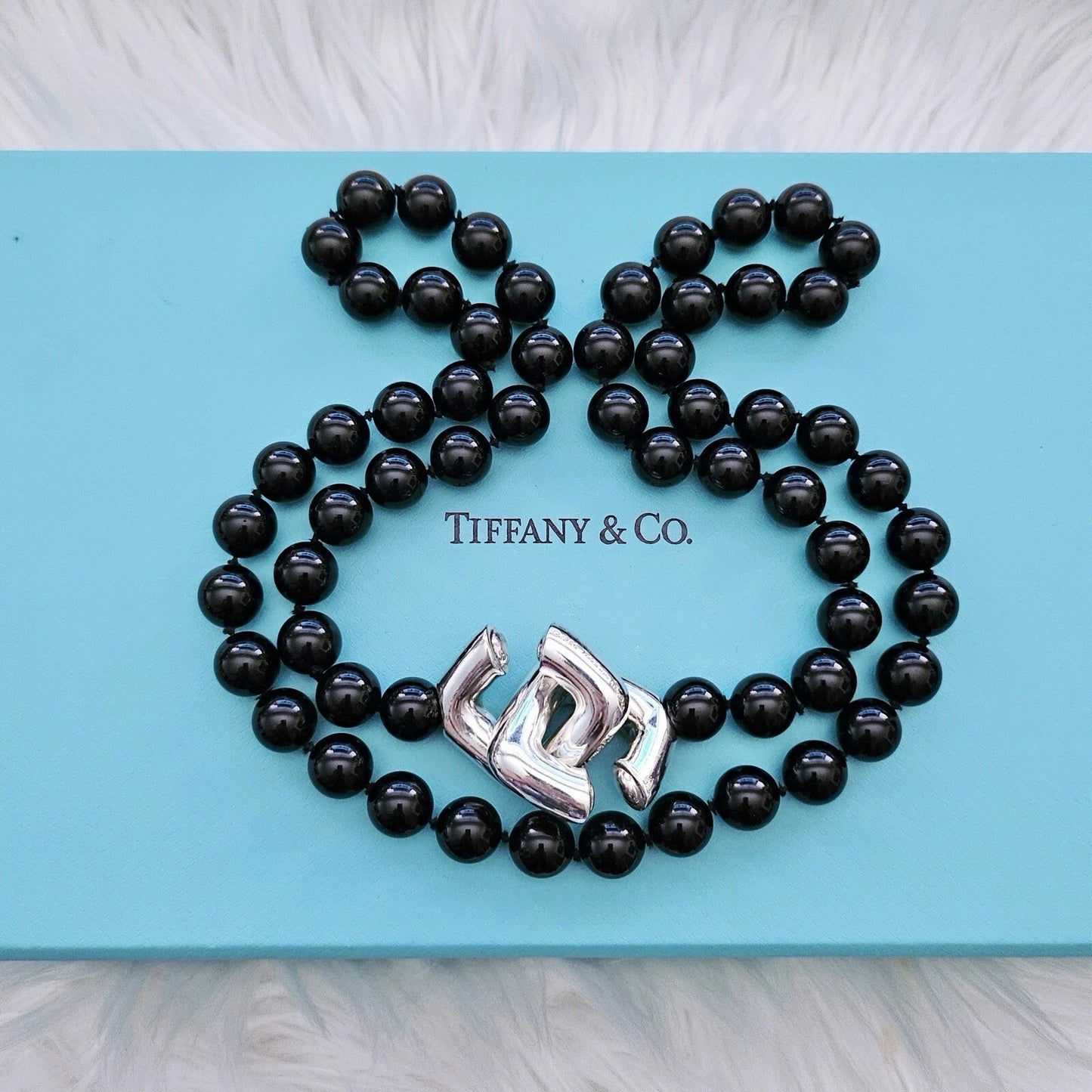 Vintage 1986 Tiffany & Co Paloma Picasso Silver Square Toggle Onyx Bead Necklace
