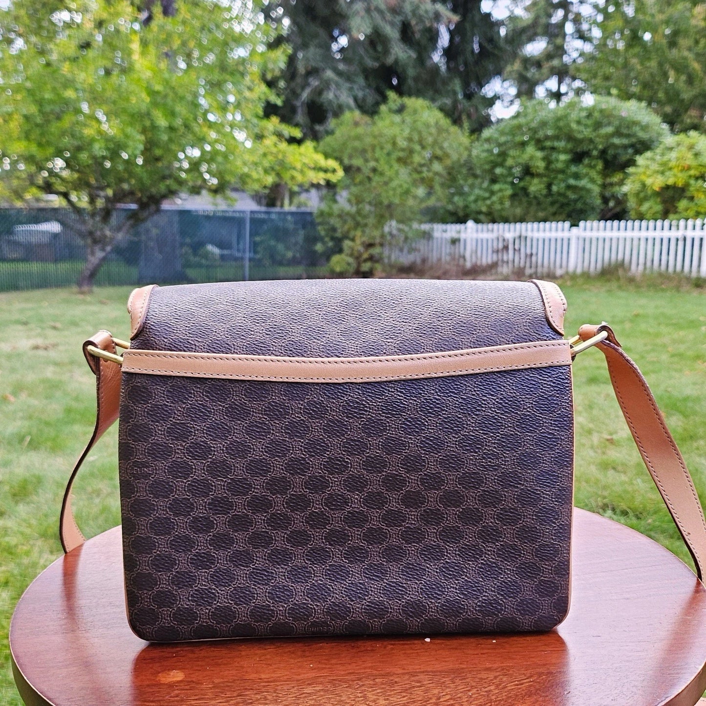 Vintage Celine Macadam Triomphe Pattern Logo Leather Coated Canvas Crossbody Bag