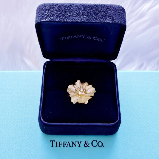 RARE Tiffany & Co. 18K Yellow Gold Diamond Dogwood Flower Brooch Pendant .35 TCW