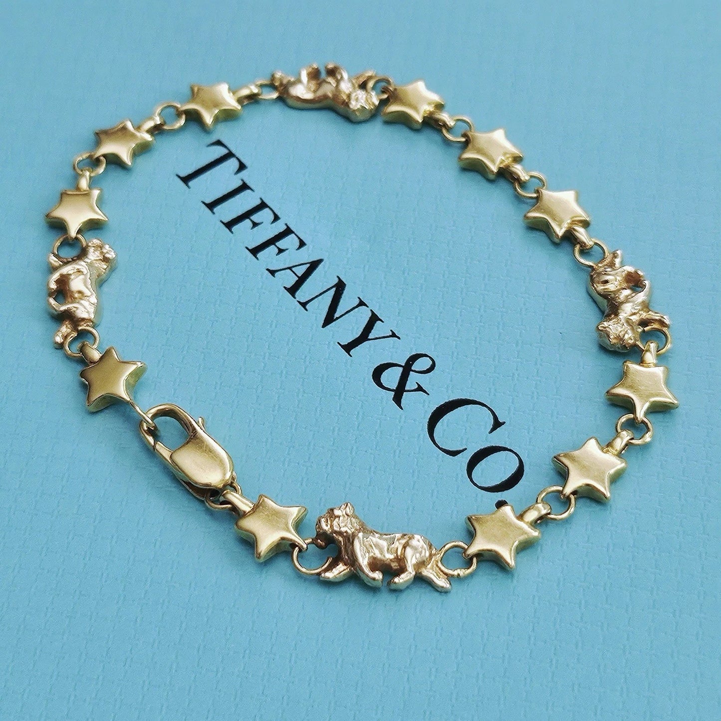 OOAK Vintage Tiffany & Co. Chain Of Star Bulldog Puffed Link 18k Yellow Gold Bracelet