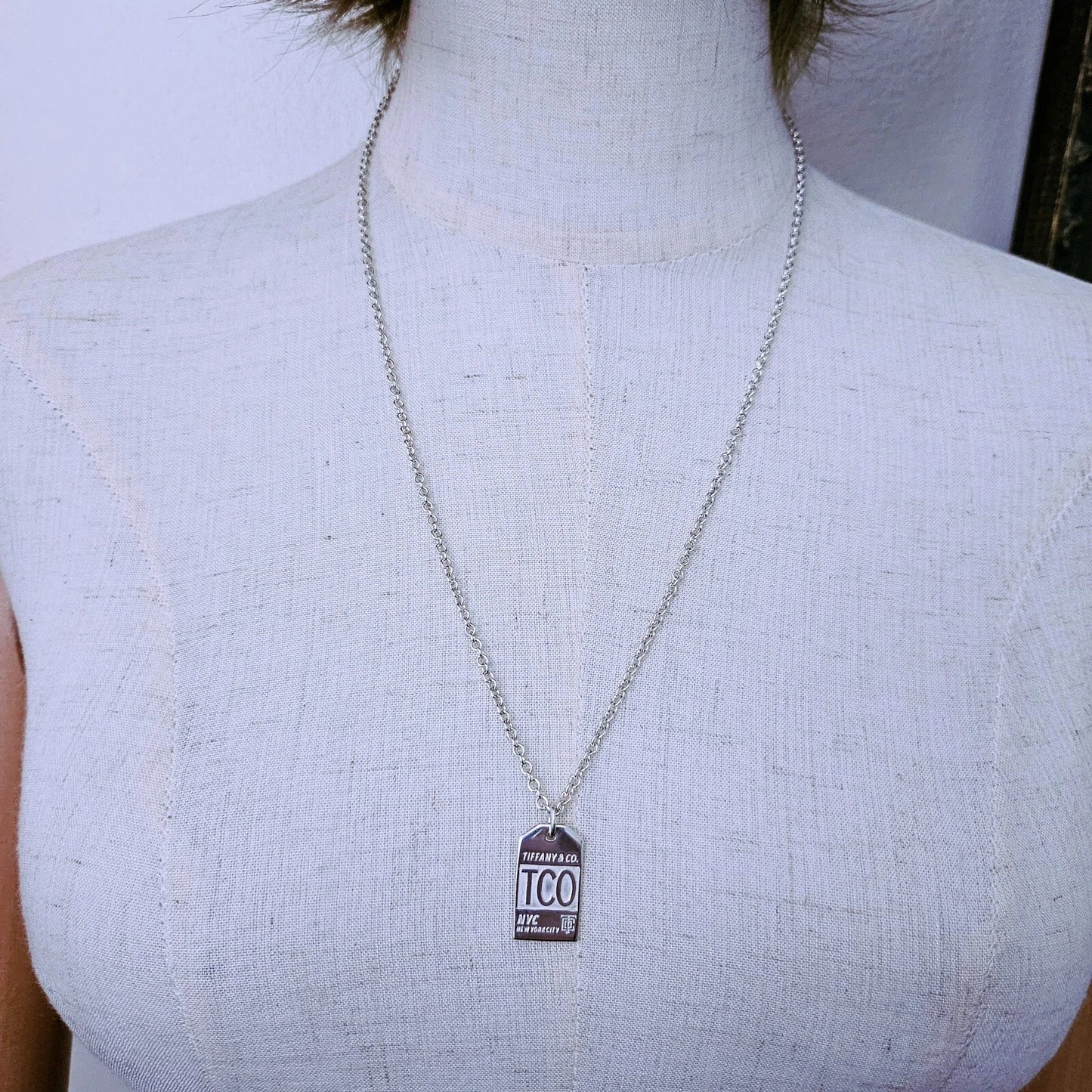 RARE Vintage Tiffany & Co. New York City NYC T.Co Rectangle Tag Charm Necklace