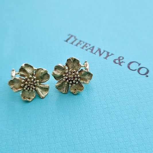 RARE Vintage Tiffany & Co. 18k Yellow Gold Wild Rose Dogwood Flower Earrings