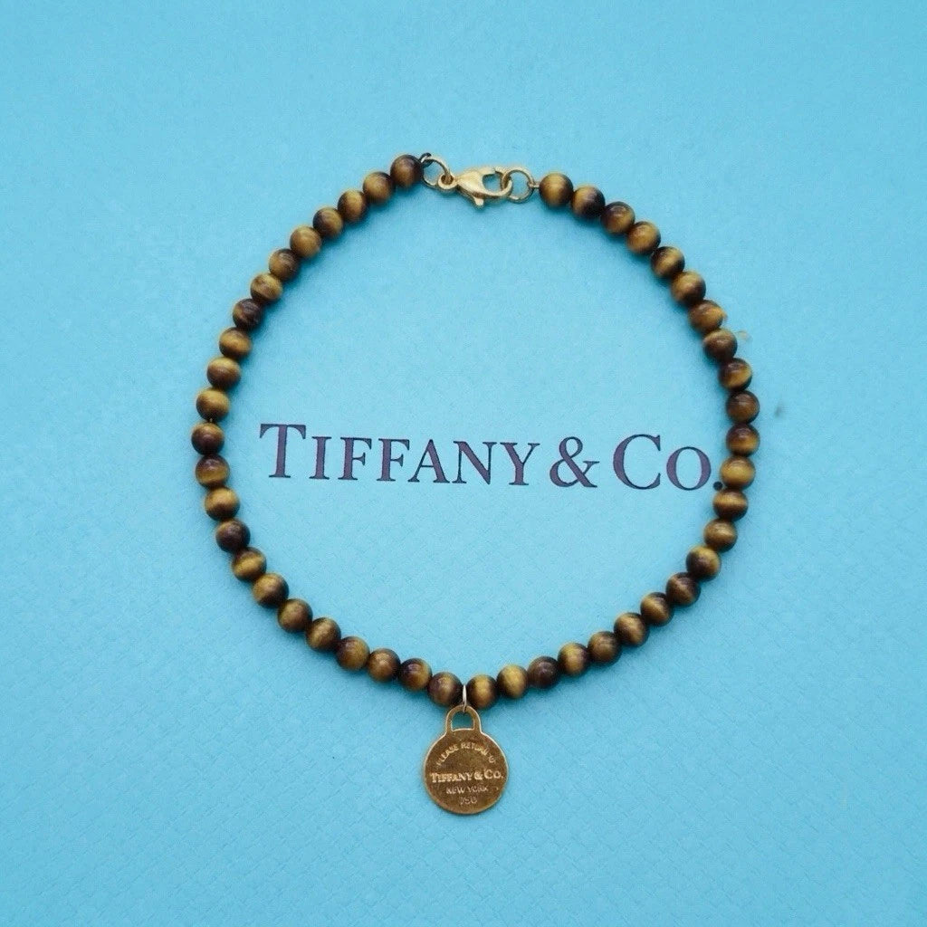 RARE Tiffany & Co. 18K Gold 4mm Tiger Eye Bead Bracelet Return To Tiffany Tag