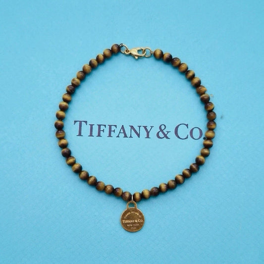RARE Tiffany & Co. 18K Gold 4mm Tiger Eye Bead Bracelet Return To Tiffany Tag