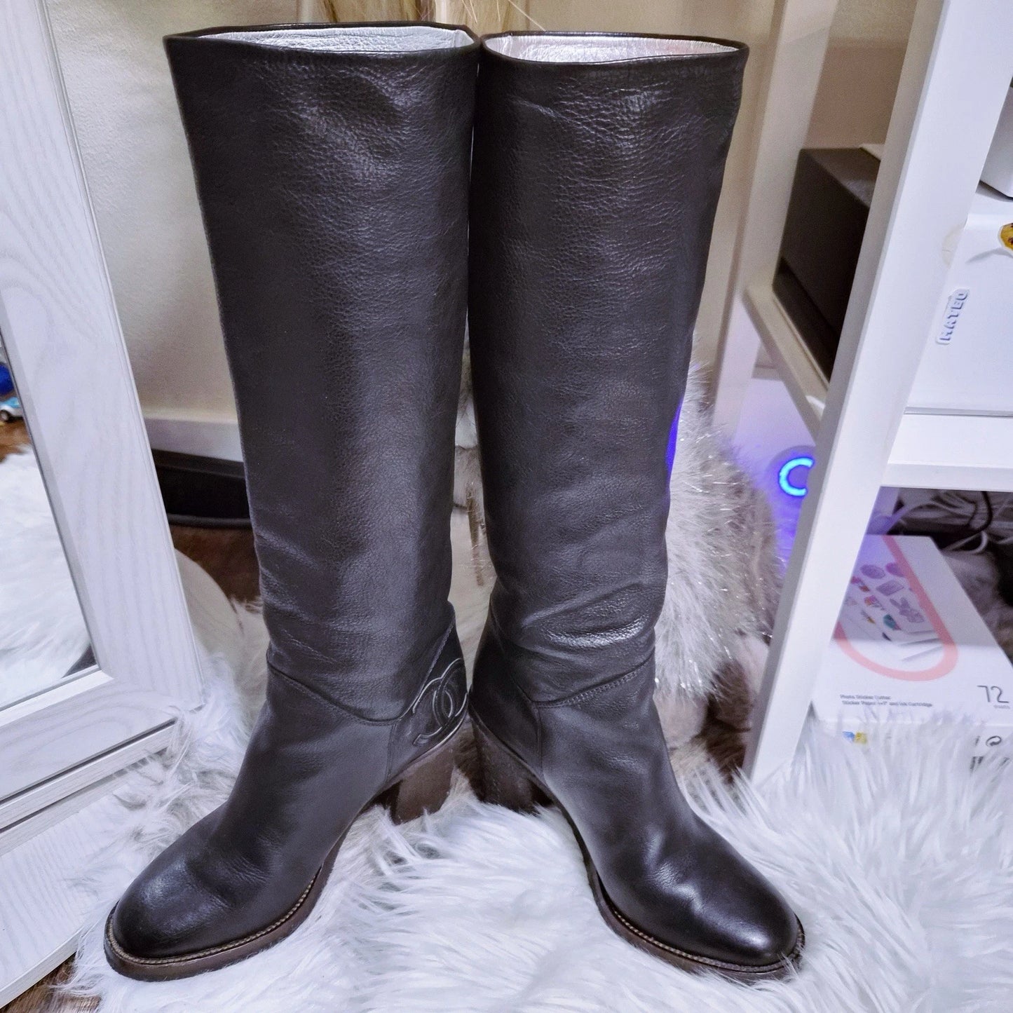 CHANEL Black Leather Knee High Boots Single CC Logo Size 35.5 Made in Italy