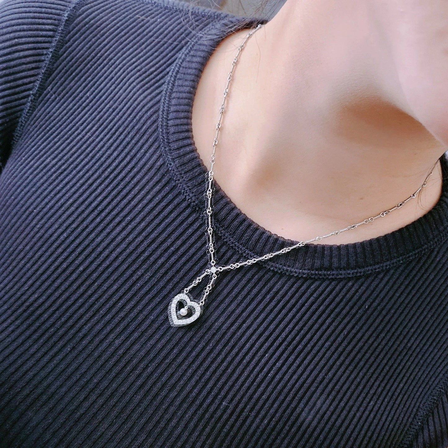 Tiffany & Co. Diamond Heart Pearl Drop Pendant Twisted Wire Chain PT950 Necklace